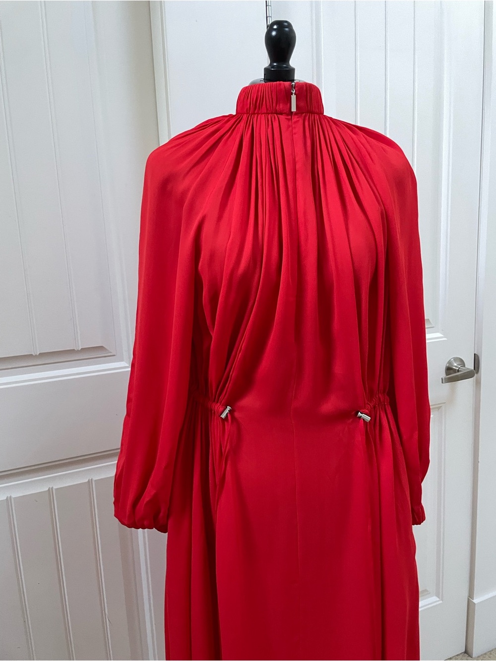 Tibi Vibrant Red Long Sleeve Gathered Neck Maxi Dress